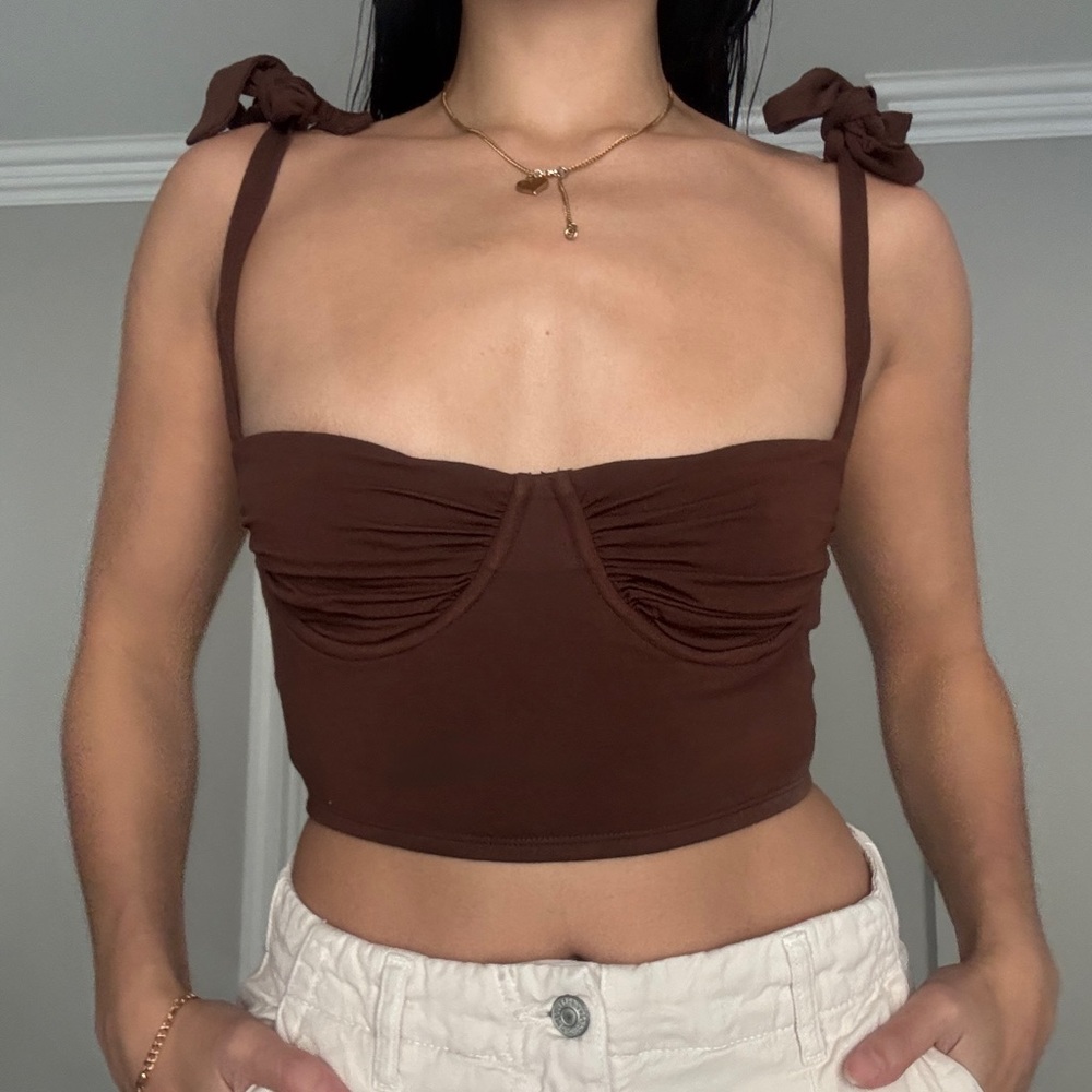 Adika brown underwire ruched bust tie strap crop top bustier size small
